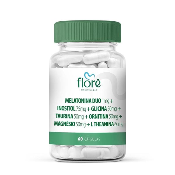 Melatonina Duo 1mg + Inositol 75mg + Glicina 50mg + Taurina 50mg + Ornitina 50mg + Magnésio 50mg + L Theanina 60mg em Cápsulas