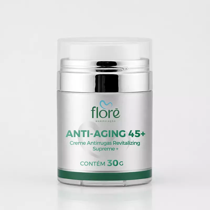 Anti-aging 45+ | Nicotinamida PC, Nanovector Vit C, Ácido Tranexâmico, Lumiskin, Physavie, Genisteína, Oligo HA, Va-Lino, PDRN Hidrogel, Early Boost PE, Nano BTX, Manteiga de Karité | Creme 30g